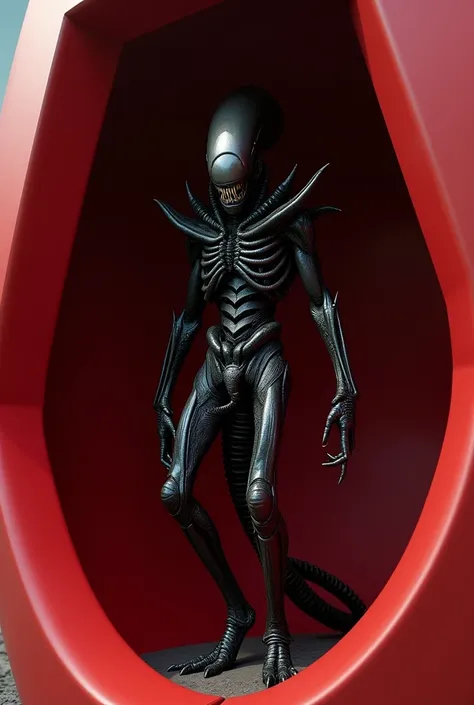 A male xenomorph showing his genitals to a camera while still dressed in a curved red Box