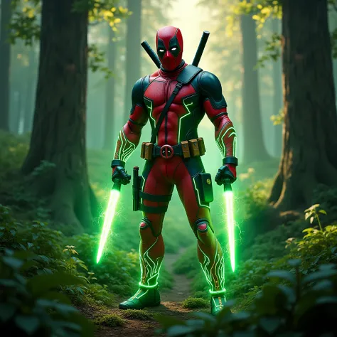 A realistic image of a superhero resembling Deadpool, his iconic red and black suit infused with glowing neon green patterns resembling Earths energy veins. The neon green lines trace along his suit and weapons, adding a futuristic flair to his chaotic per...