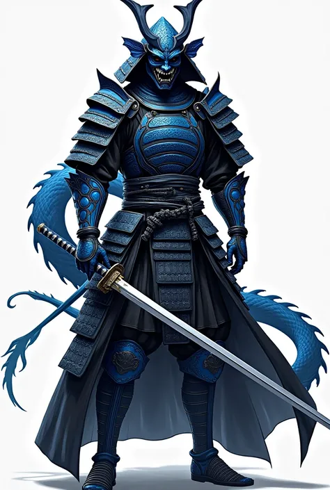 male samurai with blue dragon style armor, black and blue arm and shoulder armor, black mask with dragon eyes and fangs, black and blue leg armor and a long katana sword with dragon-style features with a blue handle and a black overcoat with dragon-style d...