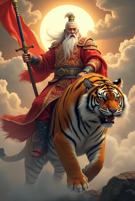 Men have a long white massage, aggressive face ,Asian, Vintage Chinese King Uniform Chinese Warrior Dress,5-color flag tee-on the back of the set, Red Gold Dress ,Tiger Ride,Handheld Sword Weapon , Clouds Rolled in Waves , with a golden halo on the back,8k