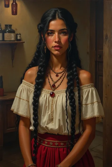  An indigenous Nahua ,  of copper skin and dark eyes ,  woman dressed in a huipil and skirt , in a 16th century bar environment . Com translating a language to a man from another woman Long black hair, with ornate braids .  Expression of intelligence and d...