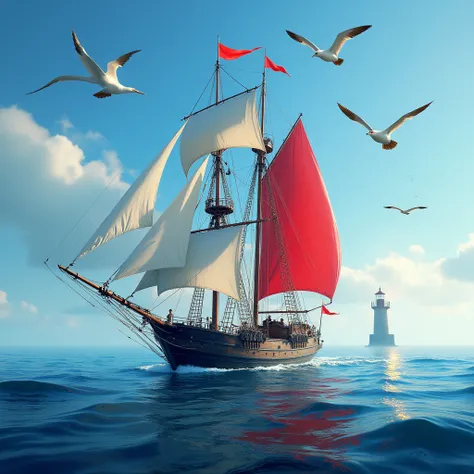 Image of the ship flying the red flag ,  fromsails hanging alternately between white and red,  ship running at sea on gentle waves ,  flocks of albatrosses fly in the wind , glittering clouds ,  distant lighthouse lights ,  tones of bright blue sky 