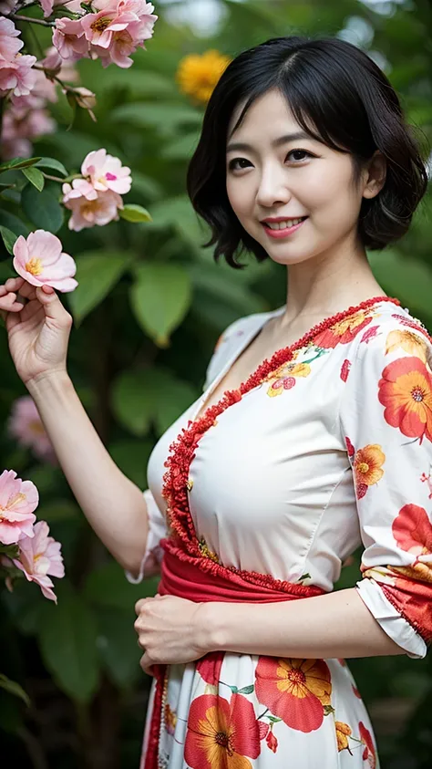 148
(20 year old woman,Floral costume), (surreal), (High resolution), ((beautiful hairstyle 46)), ((short hair:1.46)), (gentle smile), (breasted:1.1), (lipstick)

