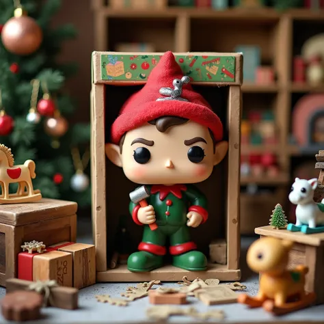  Create a Funko Pop of a Christmas elf inside his Funko Pop box ,  with the name  "Christmas Elf ".  The elf must be dressed in a green suit ,  a red hat with a rattlesnake and holding a toy hammer .  The background should show a workshop full of toys and ...