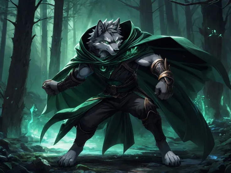 wolf, (gray fur:1.3), Endomorph, Handsome, Revitalize, harm, Contempt, elegant demeanor, calm expression, (barefoot:1.3), (deep black-green Arcane Light Cloak:1.3), masterpiece, (16K), HD, Various facial details, detailed background, very detailed, dynamic...