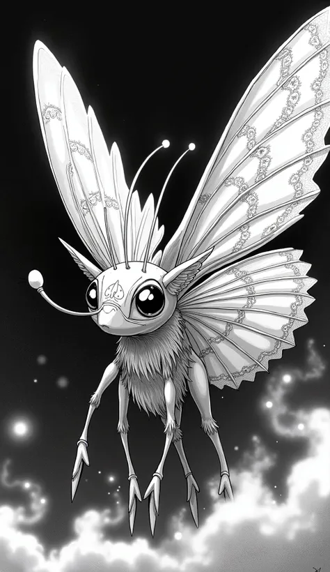 Monochrome manga art style, original character design of a Red Bella Moth, delicate wing patterns reflecting intricate lace-like details, large expressive eyes conveying a sense of wonder, elegant antennae sweeping gracefully, body adorned with elaborate m...