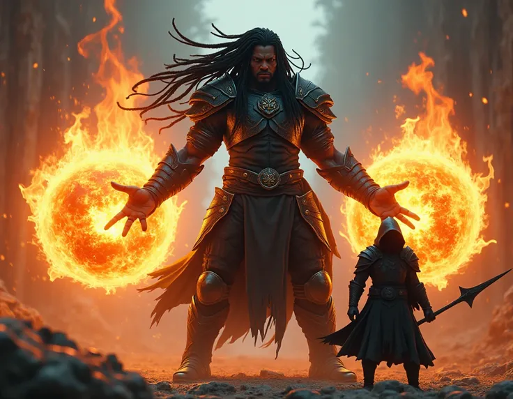 a warrior in black armor , black skin and long dreadlocks dominating two spheres of fire .  A warrior at your side in black armor and hoodie holds a sharp spear