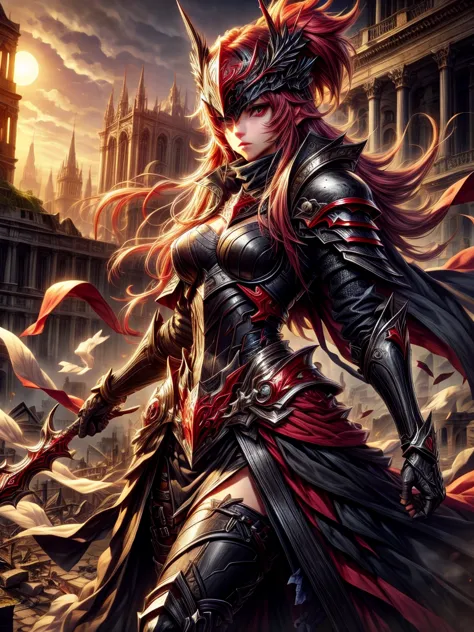 brilliant scarlet red-eyed female dark knight in mask with ruins in the moonlight background