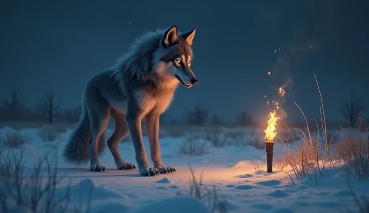 Wolf Girl、、night、Torches、field，Snow、