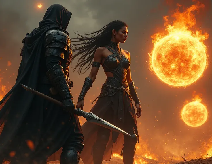 a FEMALE warrior in black armor , black skin and long dreadlocks dominating two spheres of fire .  A MALE warrior at her side in black armor and hoodie holds a sharp spear