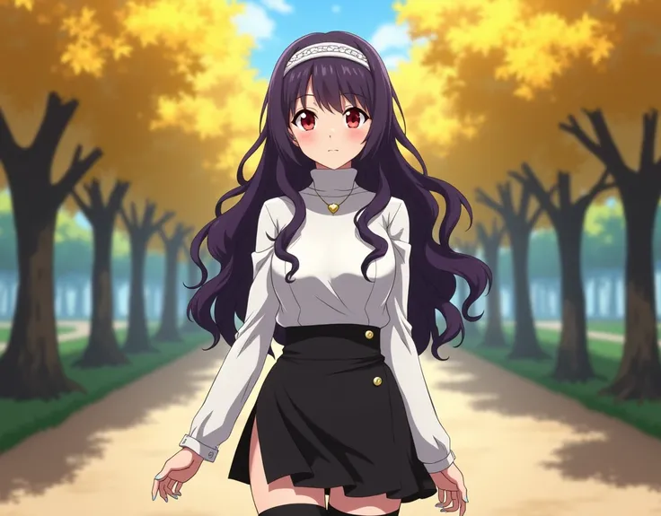 Female screenshot from Tokyo Revengers, woman, young, light tan skin, long curly dark purple hair, no bangs, wearing a thin and delicate headband in silver and white tones, bright red oval eyes, long natural eyelashes, gaze strong, calm expression, full li...