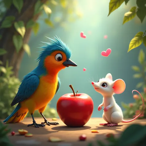 Create an image of a bird eating apple and talking to a white mouse, animated art