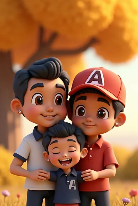 A 3D render of three chibi-style avatar skinned Brown skinned characters. There is a man with brown eyes, black hair, and two earrings on each ear. He is wearing a white shirt with a navy blue bottom and the word "polo" printed on it. He is hugging another...