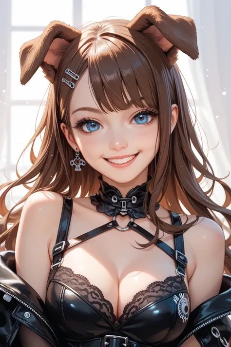 1girl, Breasts, Long Hair, Looking at viewer, Smile, Best Quality, Long Hair, Brown Hair, Straight Hair, Dog Ears, Smile, Blue eyes, Happy, Anime, Gothic Art, Hyperrealism, Punk Woman, 