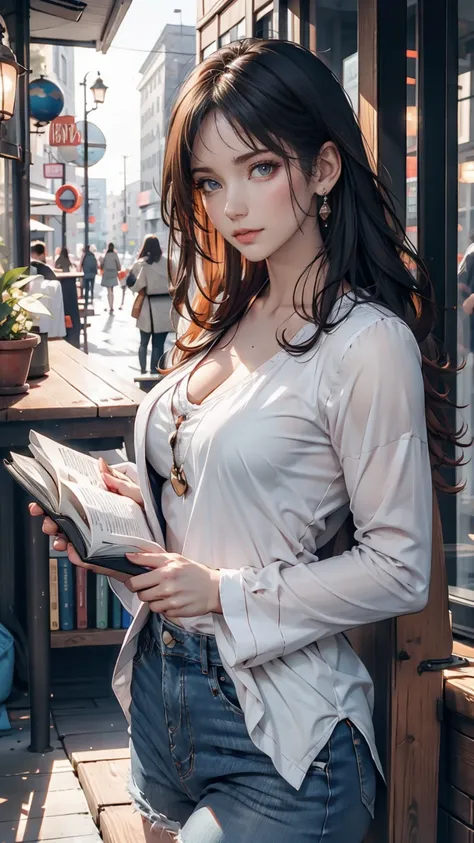 Hands holding an open book, A planet shaped like a lamp emerged from the book., City background and people々,  Blurry Background , Realistic images.