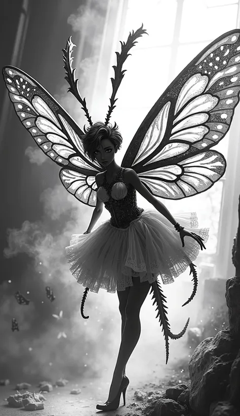 Monochrome manga art style, original character design of a Red Bella Moth, delicate wing patterns reflecting intricate lace-like details, large expressive eyes conveying a sense of wonder, elegant antennae sweeping gracefully, body adorned with elaborate m...