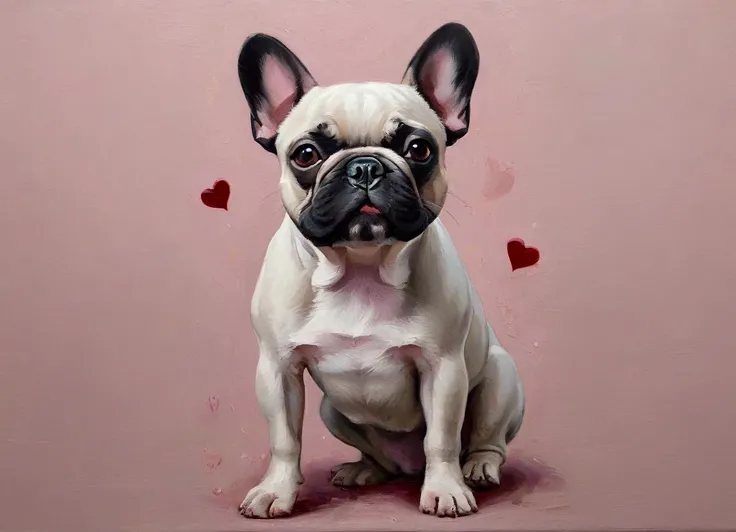 oil paint a french bulldog with its bat-like ears and wrinkled snout. use soft, blended strokes to create a romantic, minimalist...