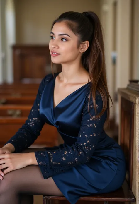 young indian woman, beautiful eyes. long brown hair with ponytail. kneelengh dress in dark blue shiny satin with lace sleeves, Tights, transparent lip gloss, narrow building, Pretty, 2, Full body photo, long legs, Satin top, Sitting in a church and looking...