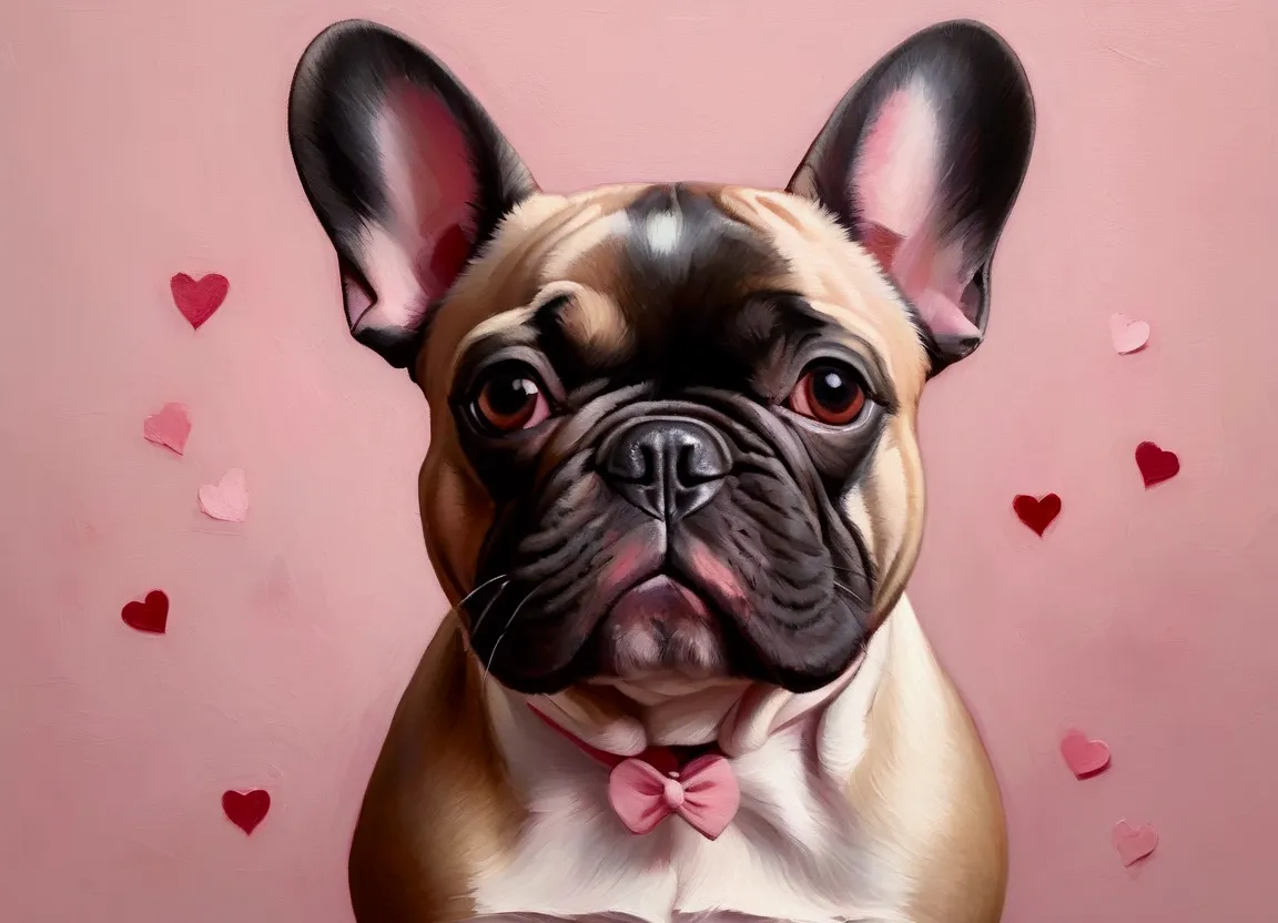 oil paint a french bulldog with its bat-like ears and wrinkled snout. use soft, blended strokes to create a romantic, minimalist...