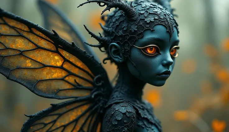 samdoesarts style a Obsidian fairy by agnes cecile,by art Simon Stalenhag,Nicola Samori,(((Wangechi Mutu))), luminous design, pastel colours, ink drips, autumn lights,extremely detailed,masterpiece,intricate details,faded,eyes extremely detailed, high deta...