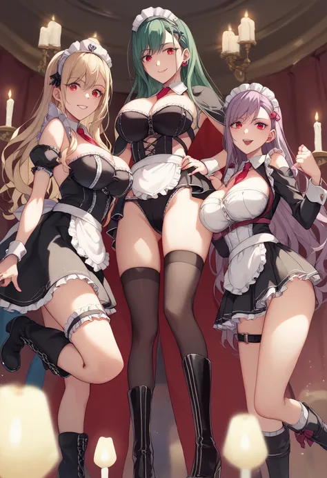 They are lighting up with candles in a dark basement 、BDSM Room.Yakumo Beni,  Big Breasts 、 maid outfit 、 long boots、Wearing a cloak、 Long Hair、The hair color and hairstyle are random 、Red eyes、 3 women in their 20s 、 they each pose with a long long whip、C...