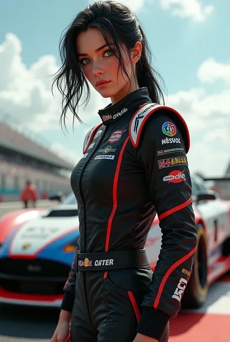 Tall brown , racing driver with black hair and green eyes