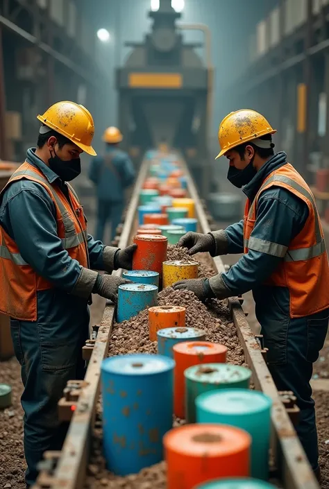 Two workers wearing safety helmets and masks select 10 or more dirty waste plastic containers of different sizes and colors on a parallel conveyor belt and produce plastic pellets in a dirty environment