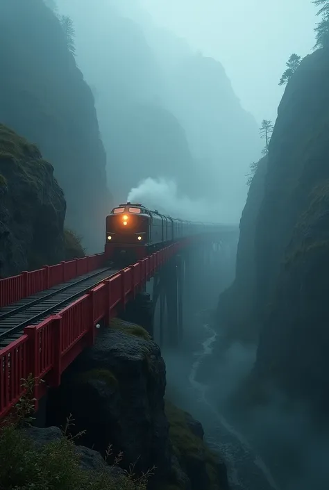 Im watching ＳＬ with the light turned on in the deep fog as it runs on a red railway bridge in a mountain valley from a distance