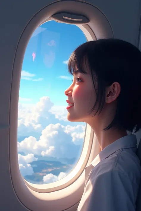  a 25-year-old white-skinned woman short hair medium black, On a plane looking out the window from the outside and happy 