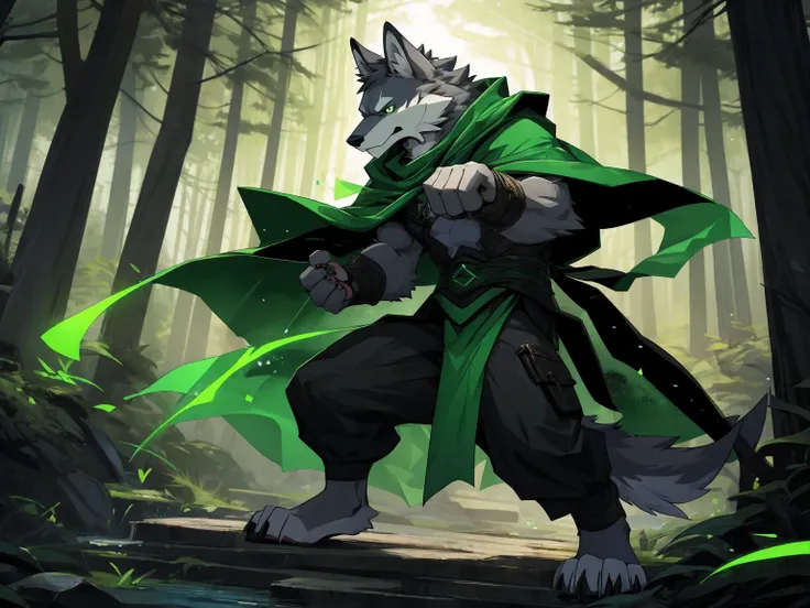 wolf, (gray fur:1.3), Endomorph, Handsome, Revitalize, harm, Contempt, elegant demeanor, calm expression, (barefoot:1.3), (deep black-green Arcane Light Cloak:1.3), masterpiece, (16K), HD, Various facial details, detailed background, very detailed, dynamic...