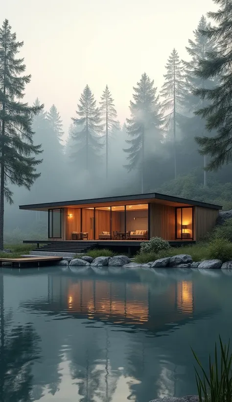 modern lake house, morning vibes, little smoky, high quality image, perfect for staycation