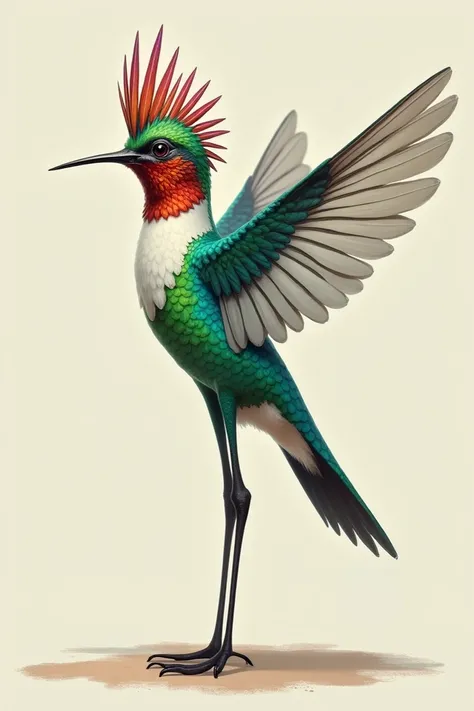 A picture of an anthropomorphic hummingbird ,  bottom view ,  standing with hummingbird feathers 