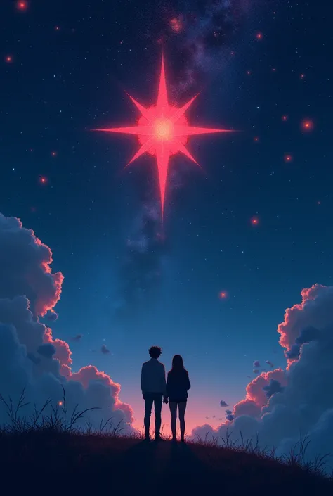 A night sky with many stars but one of them is red and stands out from the others but more beautiful as if it were a background painting and a couple as a silhouette watching the star 