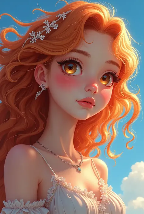 masterpiece，Dazzling colorful light，Ultra Detailed，A girl，big eyes，Extra long curly hair，Red-blond hair，A fascinating adventure，Glowing lips and face，Close-up of face，Exposed shoulders，Dreamy and beautiful，Thick paint of the characters，Fine brushstrokes，wa...