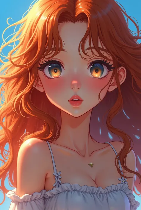 masterpiece，Dazzling colorful light，Ultra Detailed，A girl，big eyes，Extra long curly hair，Red-blond hair，A fascinating adventure，Glowing lips and face，Close-up of face，Exposed shoulders，Dreamy and beautiful，Thick paint of the characters，Fine brushstrokes，wa...