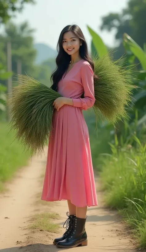  a beautiful indonesian woman, fair skin,  bushy nose long wavy hair, Wearing Frozen Elsa Pink Closed-Up Dress, wear trendy boots, standing walking while shouldering one giant bundle of green grass, happy face, on the streets of the countryside , minimal d...