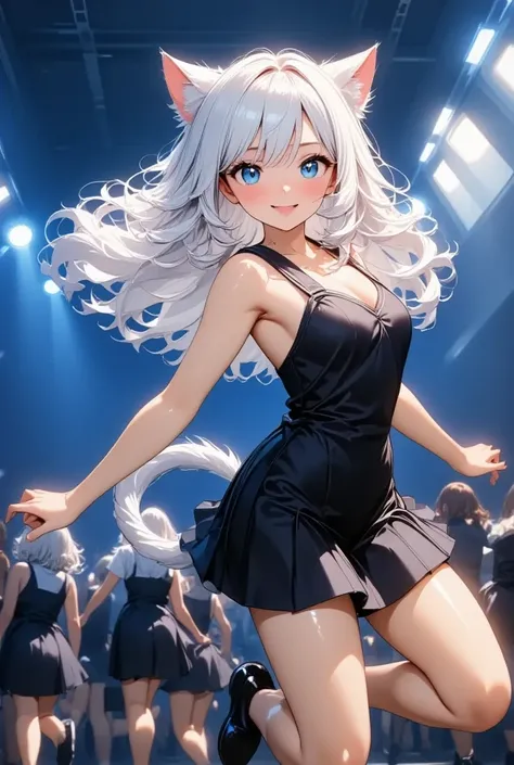 １  girl , Anime cat girl ,  Her eyes are big 、  I was full of curiosity ,   She looked excited and happy to see me, beautiful cat eyes  , ((( pure white wavy hair ))),   blue eyes , good picture,  anime 2D , 2D,   beautiful hands, Good move., 4K, 8k, ２０Yea...