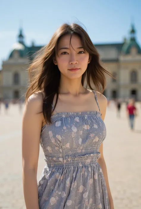 Masterpiece, Best quality, Photorealistic, Ultra-detailed, fine detail, high resolution, 8K wallpaper, 1 beautiful Chinese woman,long hair,cute,erotic atomosphere, Wear casual modest summer dress, In Vienna, she is standing in front of Schönbrunn Palace, d...