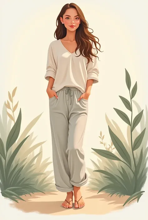 Design a full-body illustration of a young woman in relaxed, comfortable attire. Id like the image to show her from head to toe