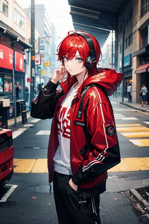 A stunning, colorful artwork featuring, leader boy with red headphones, red hair and black jacket with hood and mix DJ. The scene wonderfull ciberpunk2077 city . 4k full HD
