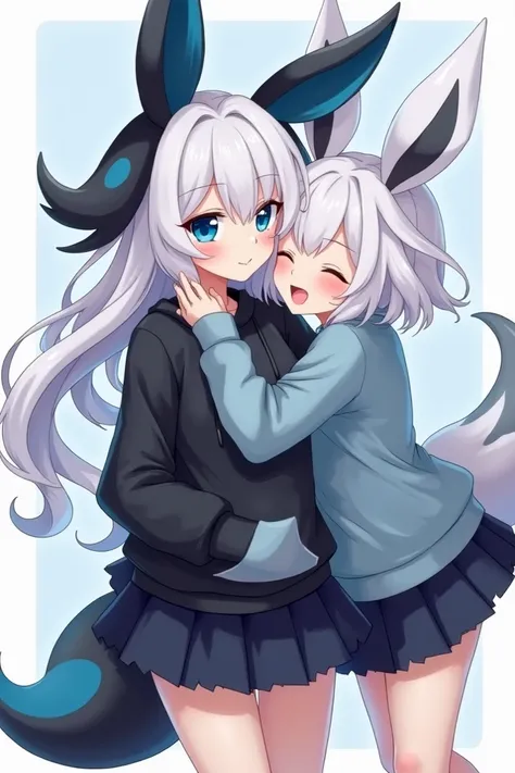 a human anime-style girl with blue eyes and white hair who has the dark ears and tail of Umbreon and the ribbons of Sylveon wearing a black and blue sweatshirt and skirt, having sex with a beautiful woman 