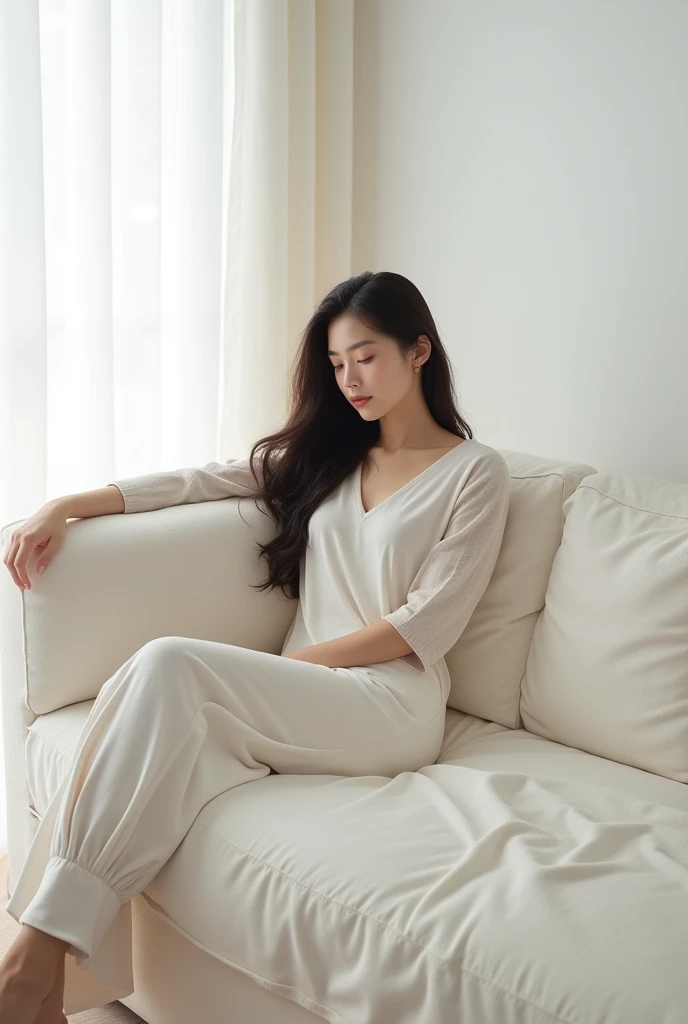 Shes on a white fabric couch