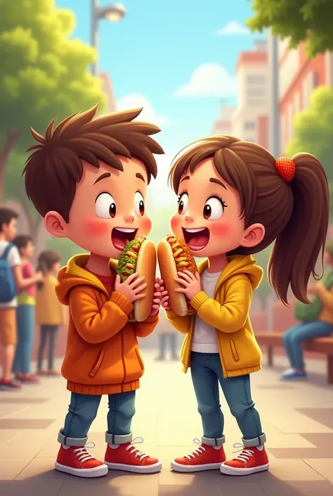 Boy and girl eating Hot Dog 
