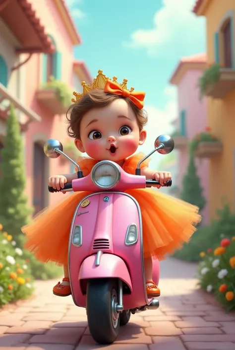 Little fat baby girl, orange princess dress drive pink vespa