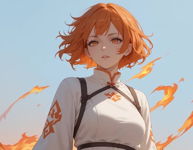 Fire girl with short orange hair, white clothing, anime style