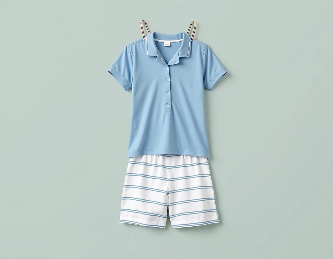 Give me a sketch of a pajamas ; The top is a polo shirt with straps in the color mego and the short is in white with horizontal light blue stripes 
