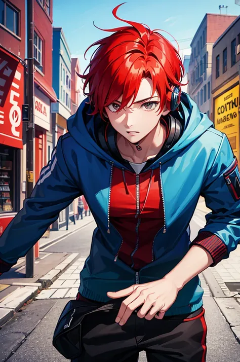 A stunning, colorful artwork featuring, leader boy with red headphones, red hair and black jacket with hood  DJ. The scene wonderfull city . 4k full HD
