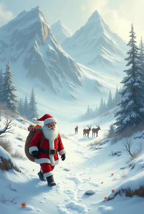 You can create a fairytale picture for ren about Santa lost on a mountain and his lost reindeer and gifts 