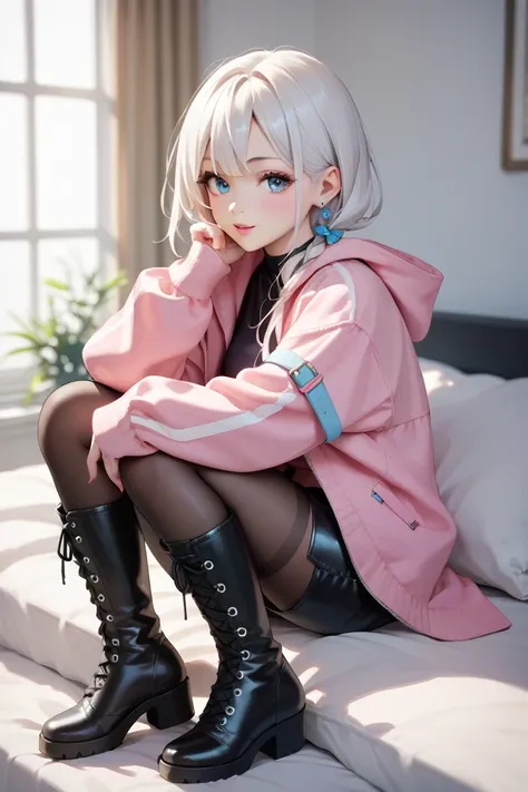 1 woman, White hair, blue eyes, thick, pink top, black leather thight short, black boots