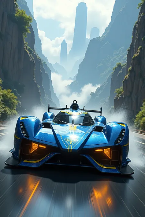 futuristic electric car , The budget design of blue and yellow is very complicated in the design of the combat engine and the written racing exhaust "Action"  speeding through the high rock cliff streets of the valley waterfall city cloud universe 